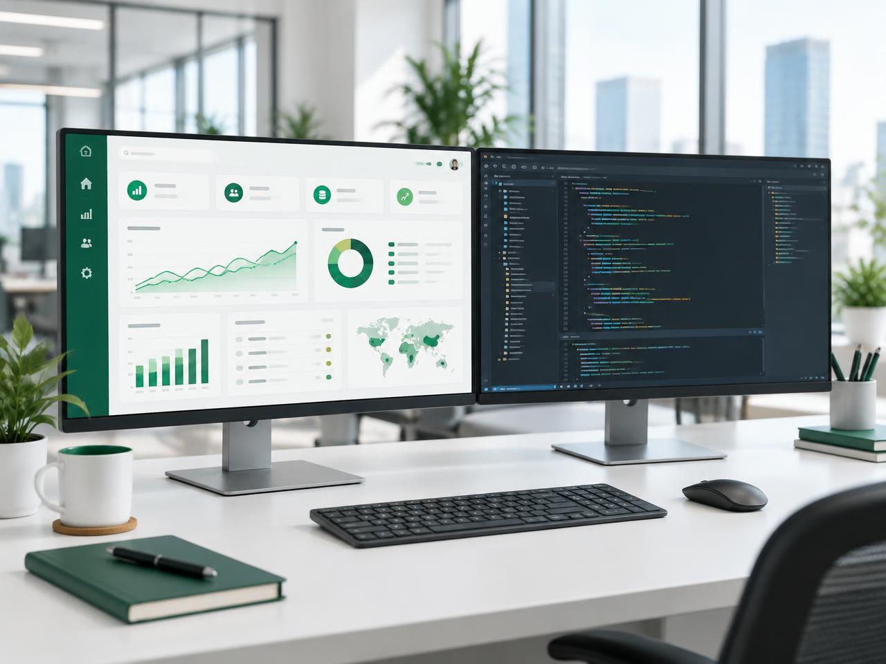 Custom business application concept beside a software editor