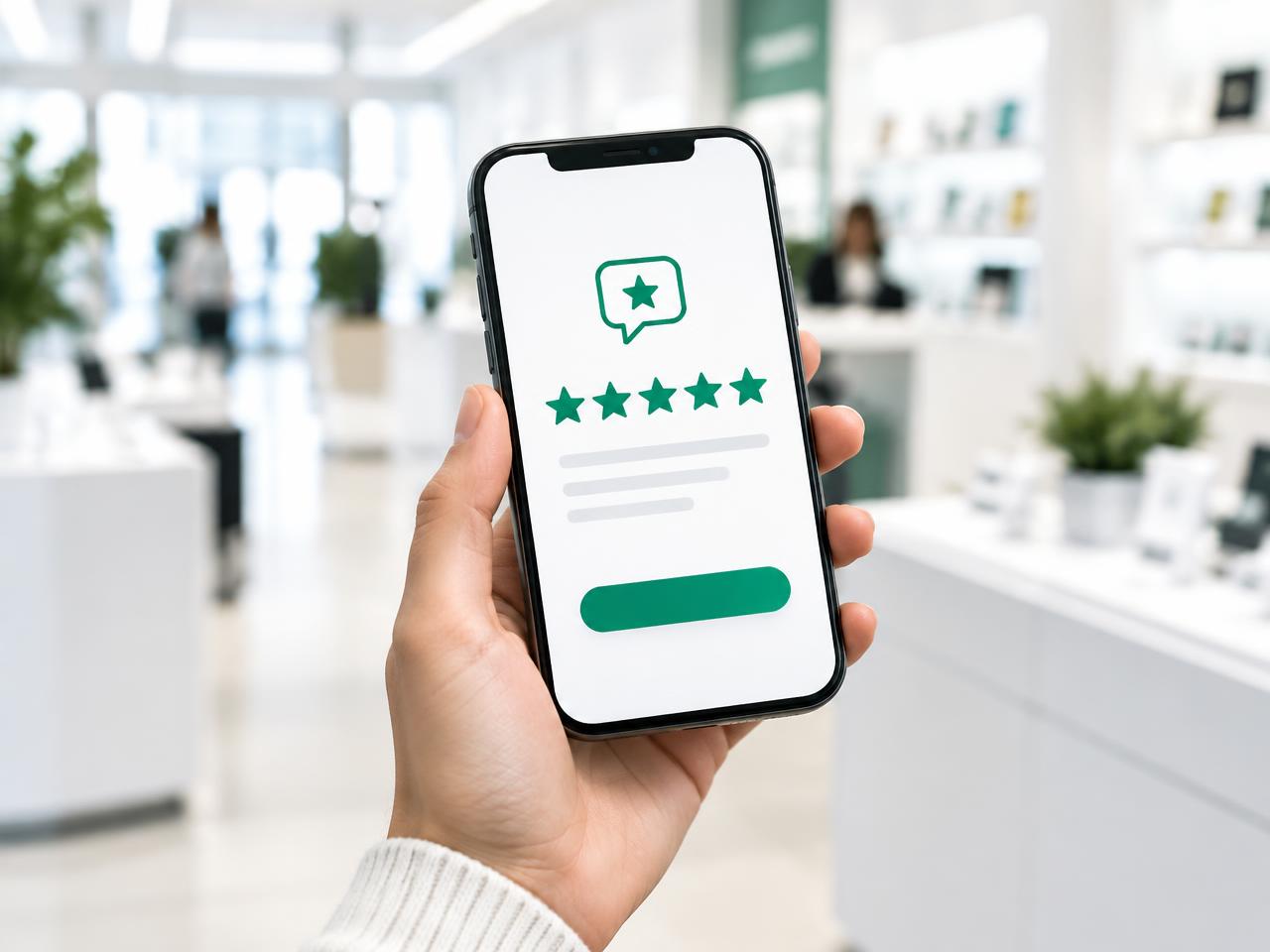 Illustrative review request form on a phone beside a feedback interface